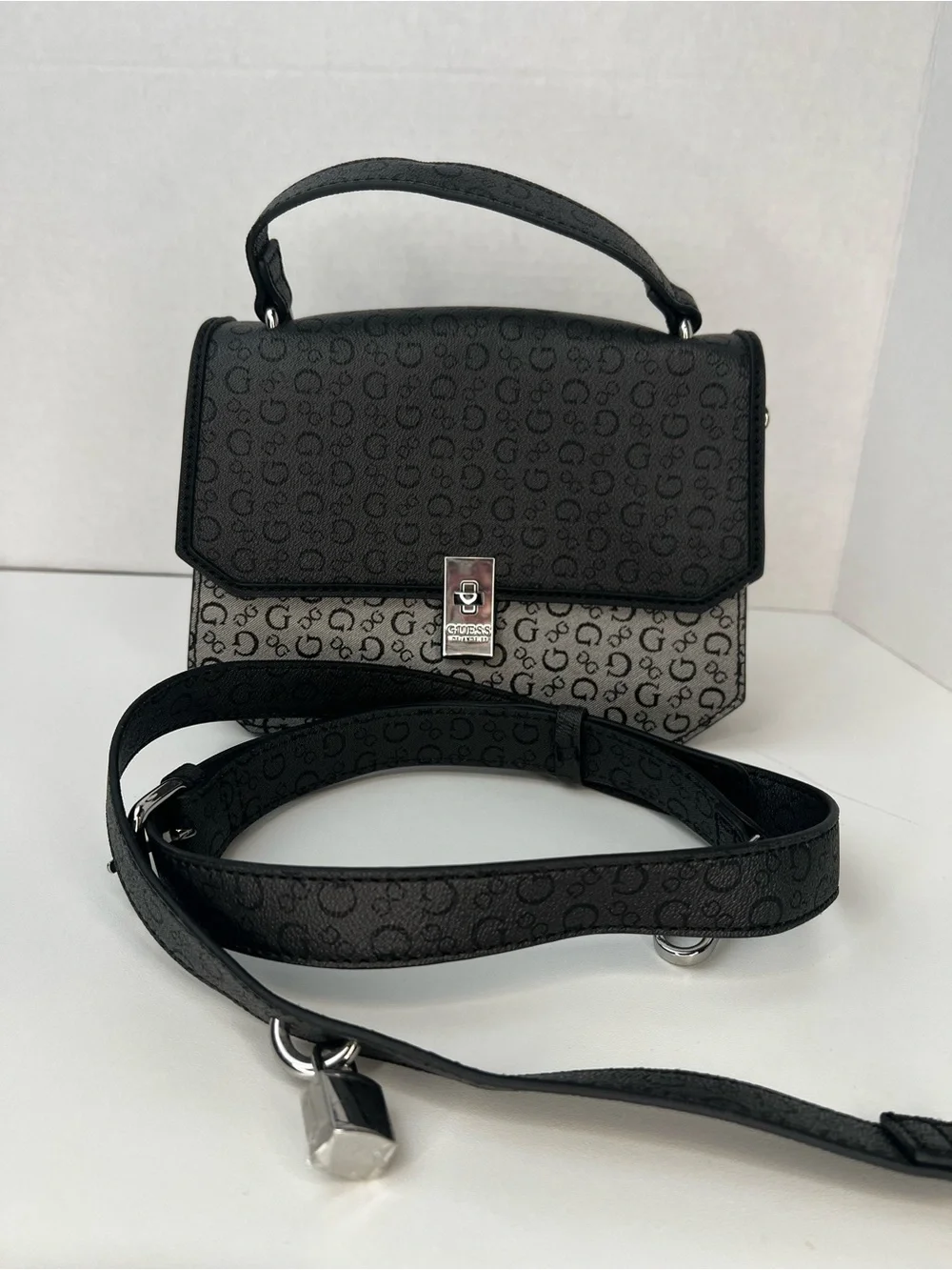 GUESS Black & White Logo Print Top Handle Crossbody Satchel